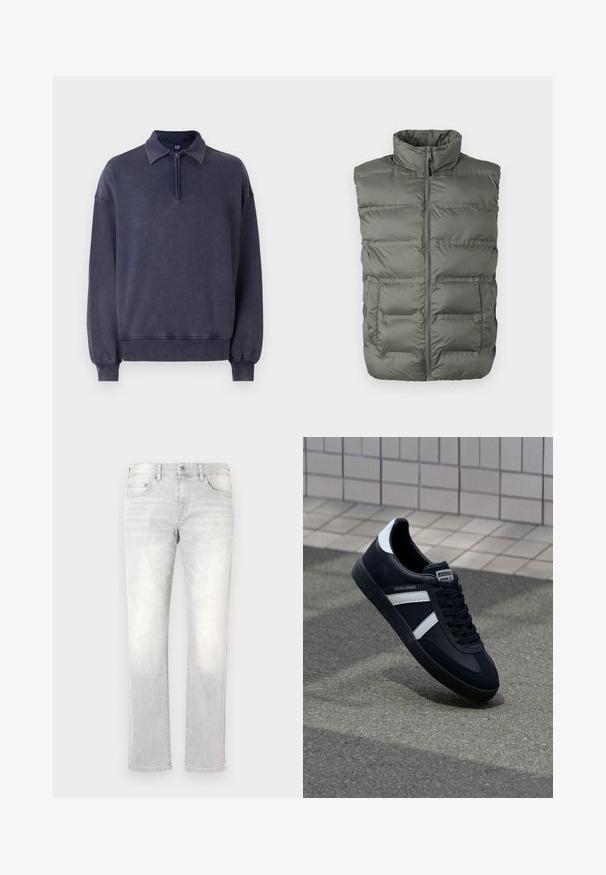 Grijze gewatteerde mouwloze vest met hoge kraag, ritssluiting aan de voorkant en twee voorzakken op een witte achtergrond.; Navyblauwe sweatshirt met een halve rits kraag, relaxte pasvorm en ribgebreide manchetten. Gemaakt van zacht materiaal met een gestructureerde afwerking.; Lichtgrijze denim jeans met een recht model, subtiele vervaging, achterzakken en een enkele achterzak. Klassieke knoop- en ritssluiting.; Zwarte leren sneaker met witte strepen, een gestructureerde rubberen zool en vetersluiting aan de voorkant. Voorzien van een merklabel op de tong.