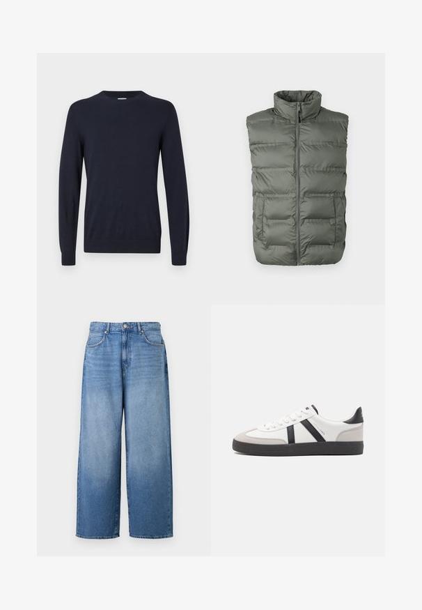 Gilet sans manches gris rembourré avec col montant, fermeture éclair sur le devant et deux poches avant sur fond blanc.; Pull en maille bleu marine avec col rond, manches longues et poignets côtelés. Texture lisse et conception légère pour le confort.; Jeans en denim à jambes larges de couleur bleu clair avec une finition légèrement délavée. Comprend un design classique à cinq poches et une fermeture à bouton en métal.; Baskets blanches avec des accents noirs et gris, présentant un embout texturé gris, une semelle en caoutchouc noir et des lacets plats blancs. Design épuré, style minimaliste.