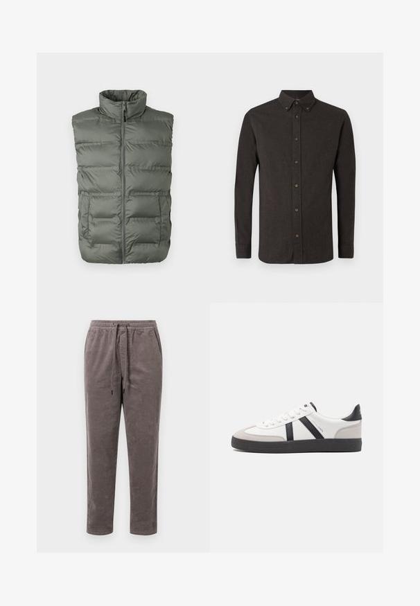 Gilet sans manches gris rembourré avec col montant, fermeture éclair sur le devant et deux poches avant sur fond blanc.; Chemise boutonnée marron foncé avec un col pointu, des manches longues et des accents de boutons marron. Tissu texturé avec un motif uniforme.; Pantalons en velours côtelé couleur taupe douce, avec une taille élastique munie d'un cordon de serrage et des jambes fuselées avec une texture côtelée verticale.; Baskets blanches avec des accents noirs et gris, présentant un embout texturé gris, une semelle en caoutchouc noir et des lacets plats blancs. Design épuré, style minimaliste.