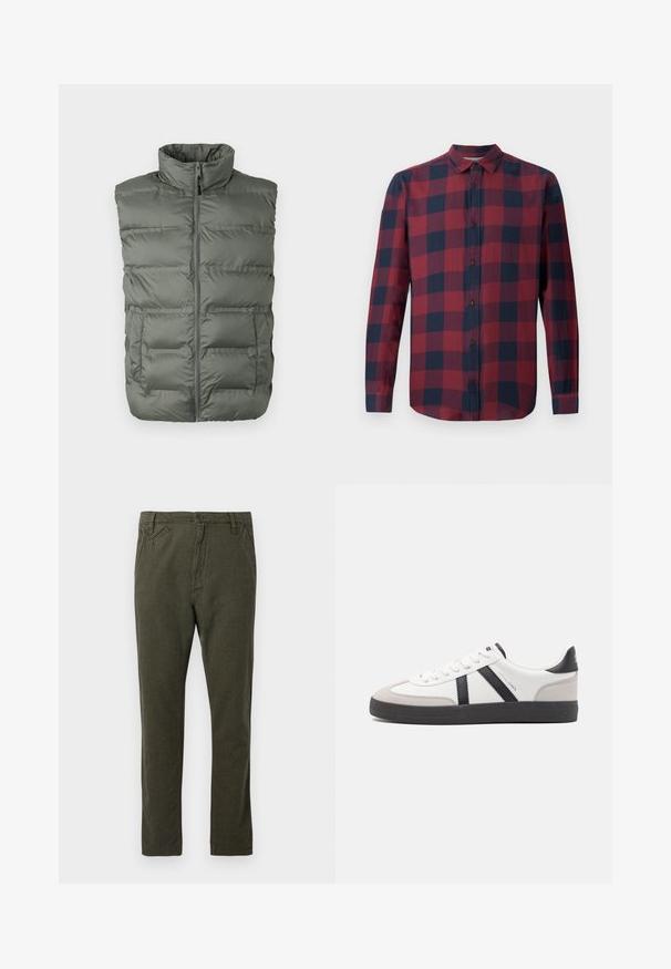 Gilet sans manches gris rembourré avec col montant, fermeture éclair sur le devant et deux poches avant sur fond blanc.; Chemise à manches longues à carreaux rouge et marine avec un col boutonné et des boutons foncés. Fabriquée en tissu léger avec une texture lisse.; Pantalons chino droits de couleur vert olive foncé avec fermeture à bouton et zip à l'avant, poches latérales et petites poches avant inclinées.; Baskets blanches avec des accents noirs et gris, présentant un embout texturé gris, une semelle en caoutchouc noir et des lacets plats blancs. Design épuré, style minimaliste.