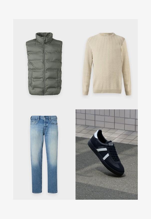 Chaleco sin mangas de felpa gris con cuello alto, cremallera frontal y dos bolsillos delanteros sobre un fondo blanco.; Only & Sons ONSBRANT CREW KNIT - Camiseta estampada - beige; Vaqueros de mezclilla azul claro con acabado desgastado, piernas de corte recto, cinco bolsillos y cierre de botón. Detalles de costura y etiqueta de la marca en la parte trasera.; Zapatilla de cuero negra con rayas blancas, suela de goma texturizada y parte frontal con cordones. Cuenta con una etiqueta de marca en la lengüeta.