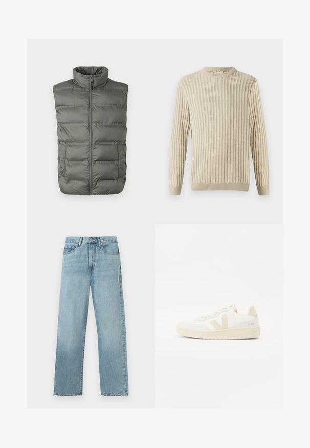 Grå polstret ærmeløs vest med høj krave, frontlynlås og to forlommer mod en hvid baggrund.; Only & Sons ONSBRANT CREW KNIT - T-shirts print - beige; Lyseblå denimjeans med lige ben, fem lomme-design og knaplukning i taljen.; Hvide sneakers med beige accenter, der har en tekstureret overdel, rund tå og en tykk gummisål. Designet inkluderer det ikoniske V-logo og branding.