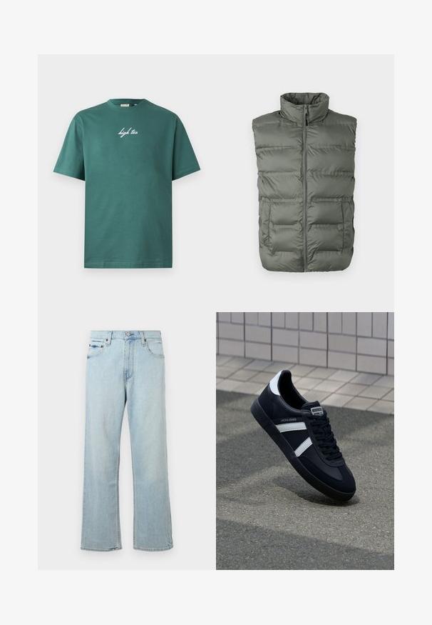 Grå polstret ærmeløs vest med høj krave, frontlynlås og to forlommer mod en hvid baggrund.; Grøn bomuld T-shirt med rund hals og korte ærmer. Har hvid, kursiv tekst "high tea" på forsiden. Enkel design, ingen mønstre.; Lyseblå denimjeans med en løs, bred bendesign. Har fem lommer, bæltestropper og en lynlås med knaplukning.; Sort lædersneaker med hvide striber, tekstureret gummisål og snørrebånd foran. Har et brandet mærke på tungen.