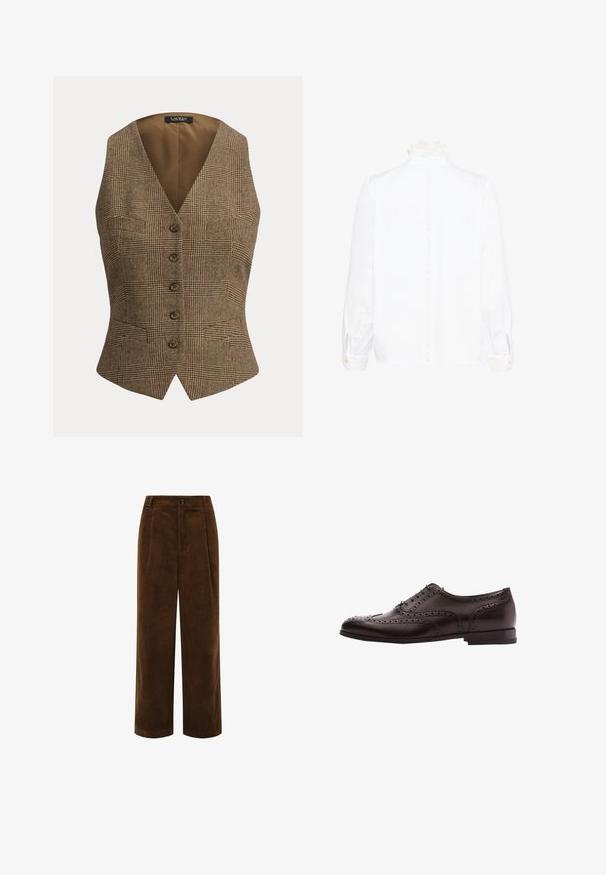 Mouwloze bruine geruite gilet met vijf knopen aan de voorkant en een V-hals, voorzien van een getailleerde pasvorm en kleine voorzakken.; Witte blouse met lange mouwen, voorzien van een kanten hoge kraag en manchetten, met een verticale kanten bies langs de achterkant in het midden.; Bruine wijde corduroy broek met knoopsluiting aan de voorkant, zijzakken en een hoge taille.; Bruine leren schoenen met brogue-details, vetersluiting, ronde neus en een lage gestapelde hak. Gepolijste afwerking en ingewikkelde perforaties.