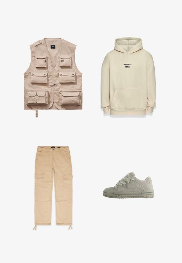 Beige cargo vest lavet af slidstærkt stof, med flere lommer med klapper, lynlås og krave. Accenter inkluderer metaltrykknapper og ringe.; Beige hættejakke med en frontlomme, stor hætte og ribbede manchetter. Har et sort "DROPSIZE" logo over et grafik på brystet. Blød tekstur.; Beige cargo bukser med to forlommer og to sidelommer. Har elastiske snore ved anklerne og forstærkede syninger.; Lav-snit grå sneaker med tykke teksturerede snørebånd, polstret krave, syninger i panelerne og en rilled gummisål for greb.