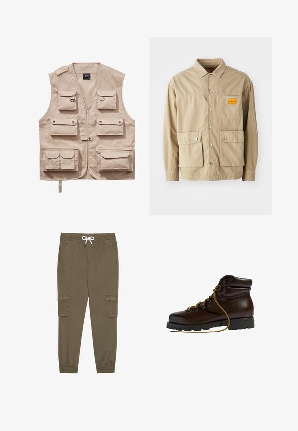 Chaleco cargo beige hecho de tejido resistente, con múltiples bolsillos con solapas, cierre de cremallera y cuello. Los detalles incluyen botones de presión metálicos y anillos.; Replay Inc. SHIRT - Camisa - khaki; Pantalones cargo caqui con cintura elástica y cordón, que cuentan con bolsillos laterales y tobillos ajustados. Fabricados en un material ligero y texturizado.; Botas de senderismo de cuero marrón con punta redondeada, superficie texturizada, cordones amarillos y ojales de metal. Cuentan con una suela de goma negra resistente.