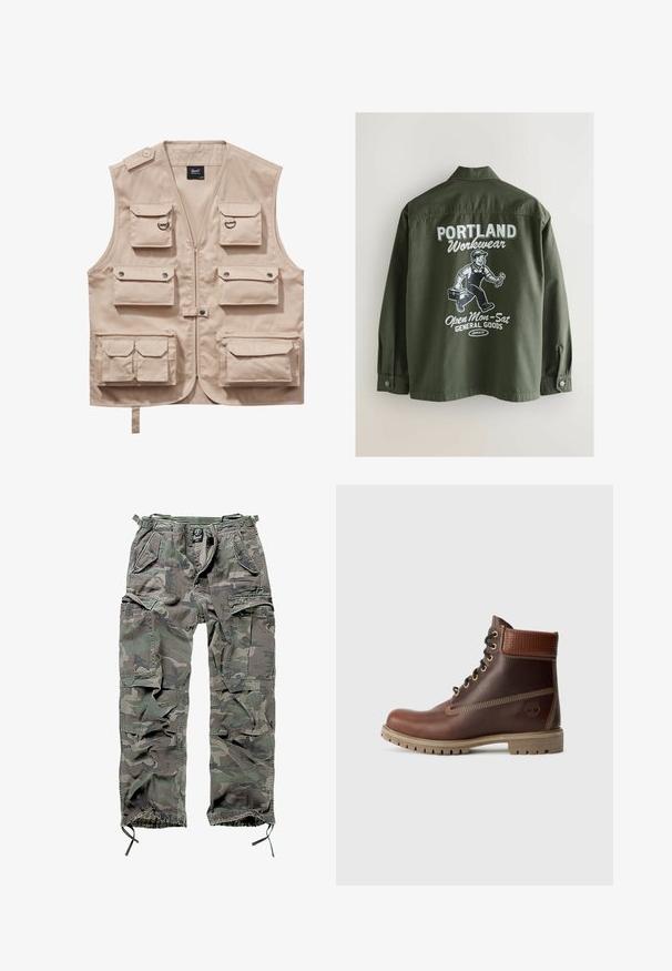 Beige cargo vest lavet af slidstærkt stof, med flere lommer med klapper, lynlås og krave. Accenter inkluderer metaltrykknapper og ringe.; Olivengrøn arbejdsjakke med knaplukket krave, der har en hvid grafik på ryggen af en person, værktøjskasse og tekst i fed skrift.; Camo cargo bukser i grøn og grå, med flere lommer, elastisk talje, justerbare ankelmanchetter og en afslappet pasform.; Brun læder snørebånd ankelstøvle med polstret krave, kontrastsyning og robust sål, vist fra ydersiden på en hvid baggrund.