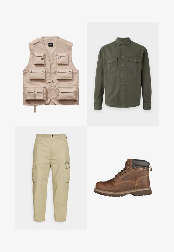 Beige cargo vest lavet af slidstærkt stof, med flere lommer med klapper, lynlås og krave. Accenter inkluderer metaltrykknapper og ringe.; Khaki langærmet skjorte lavet af bomuld. Har en knappet front, to brystlommer med klapper og en klassisk krave. Simpelt design.; Beige cargo bukser lavet af slidstærkt stof, med to sidelommer, knaplukning og smalle ben med en glat overflade.; Brun læder arbejdsstøvle med rund tå, polstret krave og snørelukning. Har en tekstureret overflade og en slidstærk gummisål.