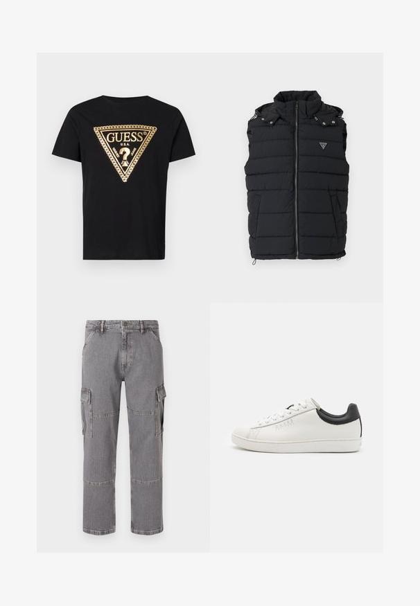 Zwarte puffer vest met hoge kraag, rits aan de voorkant en zijzakken. Kenmerkt zich door een gestikt ontwerp en een klein driehoekig logo op de borst.; Guess CHAIN - T-shirt print - jet black; Grijze cargobroek van denimstof met meerdere zakken, een rechte pijp en zichtbare stiklijnen.; Witte leren sneaker met een zwart accentaal op de hiel, ronde neus en platte rubberen zool. Bevat logo-details en een standaard vetersluiting.