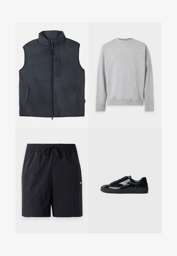 Sort ærmeløs polstret vest med høj krave, frontlynlås og tre lynlåslommer.; Lysegrå sweatshirt med lange ærmer med ribbet manchetter og kant, med præget J. LINDEBERG-logo centreret på brystet.; Sorte badeshorts lavet af struktureret stof, med elastisk talje med snor og et lille logo på siden.; Sorte laklæder sneakers med rund tå, snørredesign, tekstureret gummisål og en glat overflade.