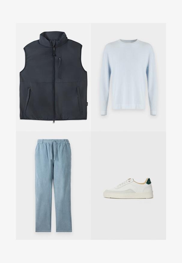 Sort ærmeløs polstret vest med høj krave, frontlynlås og tre lynlåslommer.; Lyseblå ribstrikket sweater med rund halsudskæring, lange ærmer og lige kant. Struktureret stof med et blødt udseende.; Lyseblå fløjlspants med elastisk talje, snoretilpasning, lige ben-form og ribbet tekstur. Ingen synlige lommer.; Hvide sneakers med ruskindsdetaljer, rund tå, flade snørebånd og en cremet gummisål. Har grøn branding på hælen.