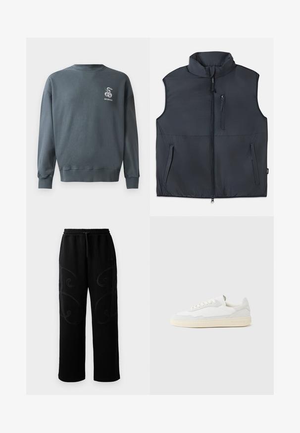 Gilet rembourré sans manches noir avec col montant, zip avant et trois poches zippées.; Sweatshirt en coton gris avec un col rond, des poignets côtelés et un petit logo serpent brodé sur le haut à gauche de la poitrine. Texture lisse.; Pantalons de jogging noirs avec une coupe décontractée, présentant des motifs de couture tourbillonnants complexes sur les côtés et une ceinture élastique avec cordon de serrage.; Baskets blanches avec dessus en daim et cuir texturé. Caractérisées par un bout arrondi, une fermeture à lacets et une semelle en caoutchouc beige contrastante.