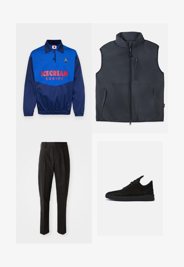 Mustaga ilma varrukat p padded vest, seisev krae, esi tõmblukk ja kolm tõmblukuga taskut.; Tumedast sinine pullover polüestrisegus, millel on krae disain, suur punane kiri "ICECREAM EUROPE" ja broderitud graafika.; Must mustrassakate mustrid, sirge lõikega, millel on lamedad esiküljed, kaks küljetaskut ja sile tekstuur.; Mustad seemisneakerid, millel on madal profiil, ümar varvas ja tekstuuriga kummist tald. Omab viit aukku ja tagumist haaratsit.