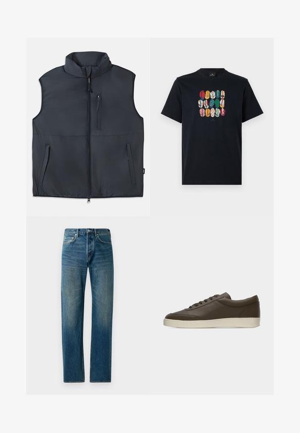 Schwarweste ohne Ärmel mit Stehkragen, Frontreißverschluss und drei Reißverschlusstaschen.; Schwarzes Baumwoll-T-Shirt mit einem bunten Grafikdruck verschiedener Lippen in unterschiedlichen Mustern und Farben auf der Vorderseite. Runder Halsausschnitt, kurze Ärmel.; Blaue Denim-Jeans im Straight-Leg-Design, ausgestattet mit einem Fünf-Taschen-Stil, dezenten Verwaschungen und kontrastierenden Nähten.; Dunkelbrauner Sneaker aus Leder mit niedrigem Schaft, Schnürung an der Vorderseite und kremfarbenem Gummisohlenrand, von der Außenseite auf weißem Hintergrund gezeigt.