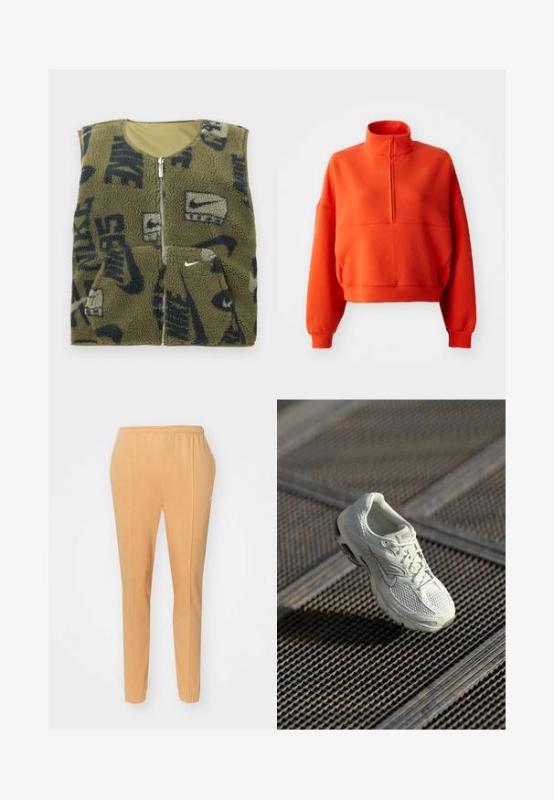 Vihreä fleece-liivi, jossa on laivaston sinisiä ja kermaisia Nike-logoja, vetoketjukiinnitys, pyöreä kaula-aukko ja etutaskut. Pehmeä tekstuuri, jossa on kuvioitu muotoilu.; Kirjava oranssi lyhyt huppari, jossa on matala kaulus ja puoliväli vetoketju, leveät hihat ja teksturoitu kangas mukavuutta varten.; Oranssi urheiluhousut, jotka on valmistettu pehmeästä puuvillasta, varustettu joustavalla vyötäröllä, kapenevilla lahkeilla ja hienovaraisella valkoisella logolla vasemmassa thigh-osassa.; Valkoinen Nike-juoksukenkä, jossa on verkko- ja synteettinen päällinen, lepää metalliverkko lattialla pehmeässä luonnonvalossa.