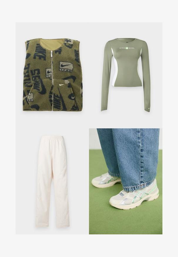 Grüner Fleece-Weste mit Navy- und Cremefarbenen Nike-Logos, Reißverschluss, rundem Halsauschnitt und Fronttaschen. Weiche Textur mit gemustertem Design.; Olivgrünes Nike Shox Langarmshirt mit weißen Seitenteilen und neongrünen Akzenten, figurnahe Passform und kleinem Swoosh-Logo am Ärmelbündchen.; Locker sitzende, crèmefarbene Hose mit elastischem Bund und geradem Beinschnitt, vor einem einfarbigen weißen Hintergrund präsentiert.; Weiße und silberne Netzsneaker mit grünen Akzenten, kombiniert mit lockeren blauen Jeans, stehen auf einem grünen Teppichboden.