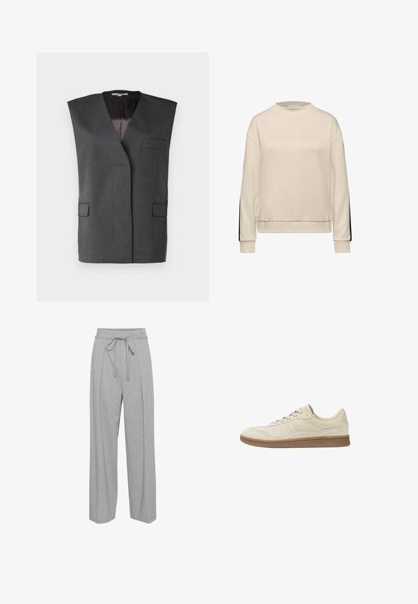 Grijze mouwloze vest met een notch lapel, twee voorzakken en een gladde voering. Gemaakt van een gestructureerde stof met een getailleerde pasvorm.; Beige sweatshirt met een hoge hals, lange mouwen en zwarte zijpanelen. Zacht stof met ribbels aan de manchetten en onderrand. Eenvoudig, modern ontwerp.; Grijze linnen broek met wijde pijpen en een hoge taille, voorzien van een trekkoord, plooien aan de voorkant en een zachte, textuurachtige afwerking.; Lichtbeige sneakers van suède met een soepele textuur; voorzien van een gumrubberen zool, ronde veters en subtiele perforaties aan de zijkanten.