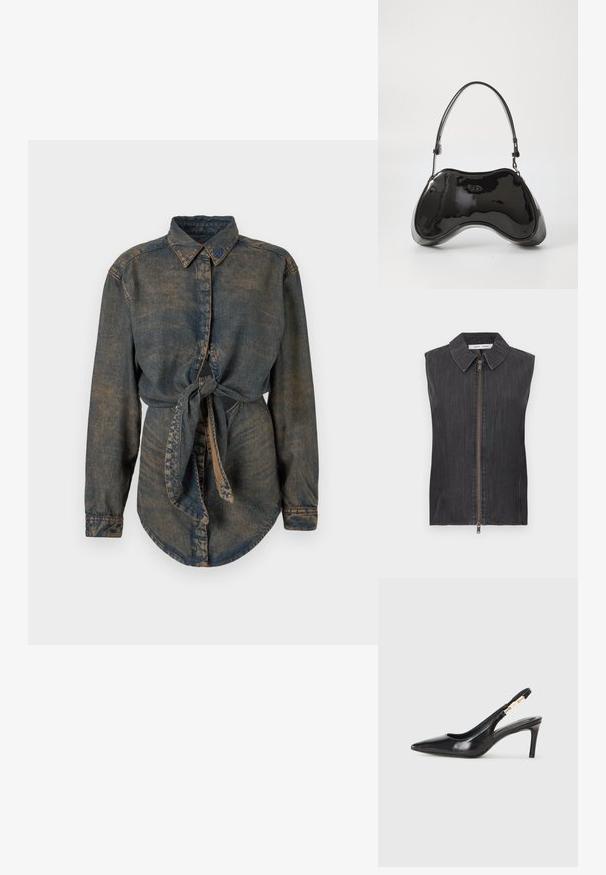 Ærmeløs sort denimvest med klassisk krave, lynlåslukning foran, tekstureret stof og et lige snit.; Denimskjorte i mørkeblå med en let falmet finish. Har en spids krave, knaplukning og en knyttet detalje i taljen.; Sort læder slingback højhælede sko med spidse tæer, glat overflade og en smal ankelrem med guldfarvede hardware detaljer.; Sort patentlæder håndtaske med en unik buet form, kort justerbar hank og en lynlåslukning i toppen. Glat tekstur med diskret branding.