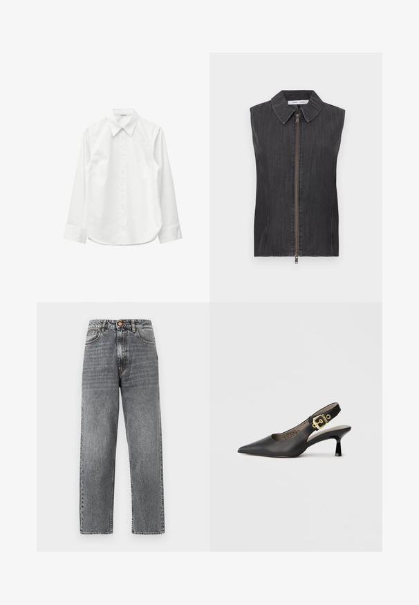 Veste sans manches en denim noir avec un col classique, une fermeture éclair à l'avant, un tissu texturé et une coupe droite.; Chemise blanche à manches longues avec boutons, col pointu et poignets, présentée à plat sur un fond blanc.; Jean en denim gris délavé, taille haute, coupe droite, avec poches devant et fermeture par bouton, sur fond blanc.; Chaussure à talon haut noire à bride arrière, avec un bout pointu, une texture en cuir lisse et une accent de boucle dorée sur la bride.