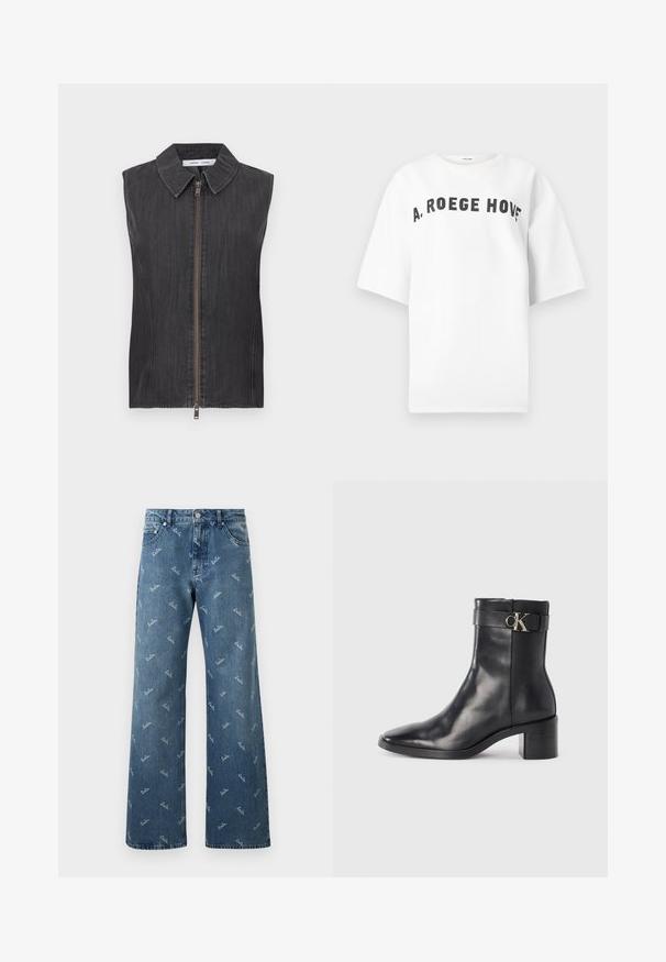 Ærmeløs sort denimvest med klassisk krave, lynlåslukning foran, tekstureret stof og et lige snit.; Hvid T-shirt med korte ærmer med sort buet tekst "A. ROEGE HOVE" trykt på brystet, vist på en ensfarvet baggrund.; Lyseblå denimjeans med bred bendesign, prydet med et gentaget 'lala' logo-mønster i hvid og en klassisk fem-lomme stil.; Sort læder ankelstøvle med spids tå, blokhæl og en rem med en metallisk logo detalje. Glat tekstur og minimalistisk design.