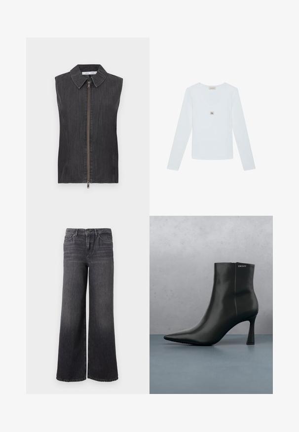 Ärmellose schwarze Jeansweste mit klassischem Kragen, vorne mit Reißverschluss, strukturierter Stoff und geradem Schnitt.; Weißes Calvin Klein Langarmshirt mit Rundhalsausschnitt und kleinem CK-Logo-Patch mittig unter dem Kragen.; Weit geschnittene, dunkelgraue Jeans aus Denim mit einem dezenten Fade. Sie verfügen über einen Knopfverschluss, fünf Taschen und einen geraden Saum am Knöchel.; Schwarze Leder-Stiefelette mit spitzem Zehenbereich und einem geometrischen Absatz. Verfügt über dezente Branding-Elemente und eine glatte Textur. Der Hintergrund zeigt strukturierte Fliesen.