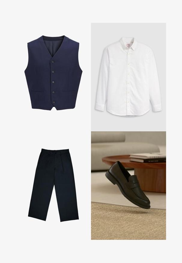 Gilet bleu marine, en tissu texturé, avec un col à revers, six boutons à l'avant et deux poches latérales. Doublure intérieure lisse.; Chemise blanche à boutons en coton avec manches longues, col classique et ourlet arrondi. Dotée de boutons jaunes et d'un branding discret.; Pantalons larges noirs en tissu lisse, avec des plis sur le devant, une fermeture à bouton et une coupe droite au niveau des chevilles.; Chaussure mocassin en cuir noir présentée en suspension au-dessus d'un tapis beige tissé, avec une table en bois et des livres empilés dans un salon doucement éclairé.