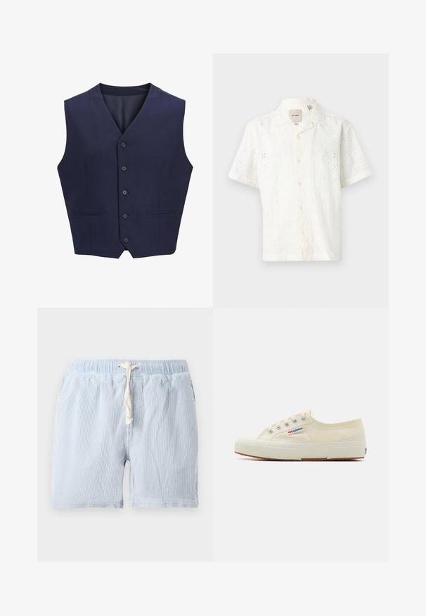 Chaleco azul marino, hecho de tela texturizada, con cuello de muesca, seis botones delanteros y dos bolsillos laterales. Forro interior suave.; Camisa blanca de manga corta hecha de algodón texturizado con un patrón de ojales florales, frente con botones y cuello.; Pantalones cortos a rayas de color azul claro, hechos de un tejido suave con cintura elástica y cordón. Con bolsillos laterales y un corte relajado.; Zapatillas de lona beige con un diseño de perfil bajo, ojales de metal y suela de goma. Presenta un patrón texturizado y detalle del logo en el lateral.