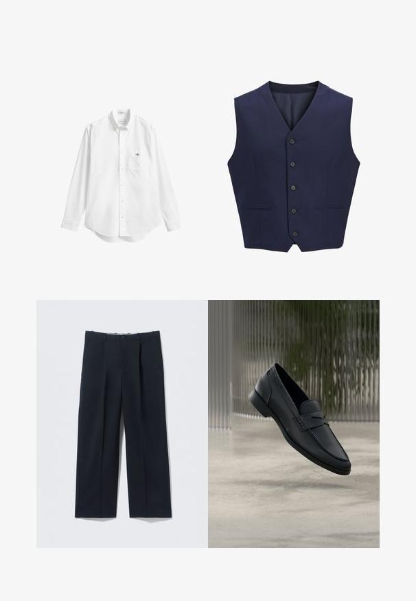 Gilet bleu marine, en tissu texturé, avec un col à revers, six boutons à l'avant et deux poches latérales. Doublure intérieure lisse.; Chemise blanche boutonnée, manches longues, tissu en coton doux, ourlet arrondi, poche poitrine unique, petit logo sur la poche, col classique.; Pantalon bleu marine foncé en tissu lisse, avec une coupe ajustée, deux poches avant et une fermeture par bouton.; Mocassin en cuir noir à finition lisse, bout pointu et détails cousus sur le dessus. Talon bas et design minimaliste.