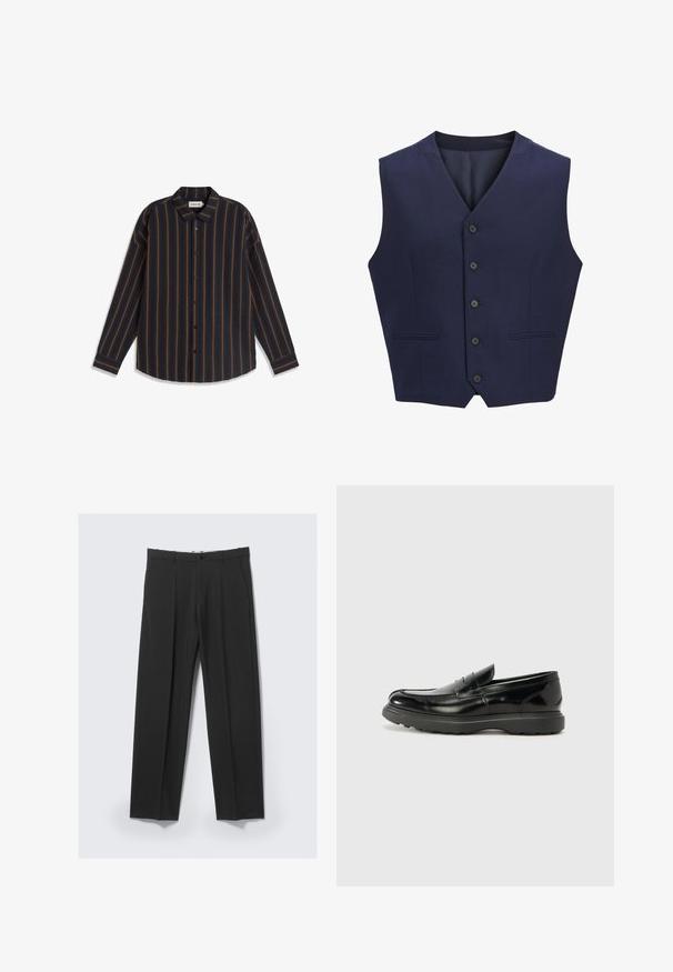 Gilet bleu marine, en tissu texturé, avec un col à revers, six boutons à l'avant et deux poches latérales. Doublure intérieure lisse.; Chemise noire à manches longues à boutons avec rayures verticales orange et col pointu, étalée à plat sur un fond blanc.; Pantalon noir ajusté avec plis avant, poches latérales, passants de ceinture et fermeture par bouton à la taille sur un fond clair.; Mocassin en cuir noir avec une finition brillante, bout arrondi, détails de couture subtils et semelle en caoutchouc épaisse pour la durabilité.