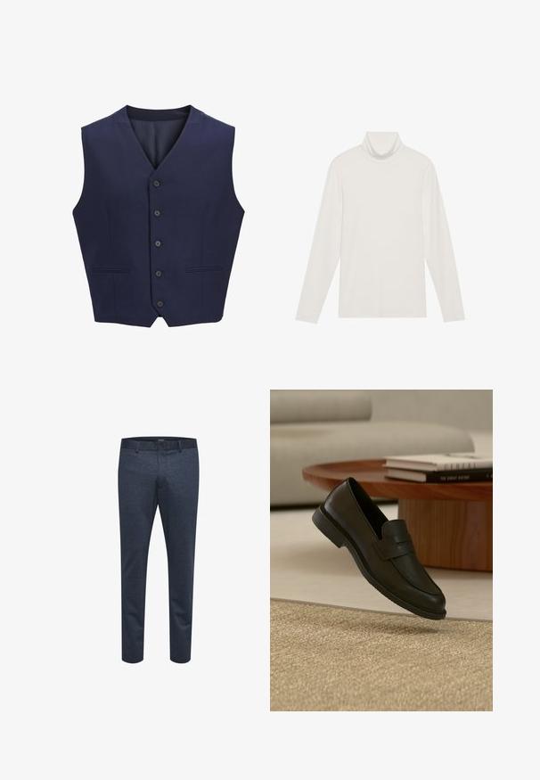Mørkeblå vest lavet af tekstureret stof, med notch krave, seks frontknapper og to sidelommer. Glat indvendig foer.; Langærmet turtleneck top i hvid. Blødt, strækbart stof med en tætsiddende silhuet. Har en høj krave og minimal sømdetaljering.; Marineblå bukser lavet af struktureret stof med slim fit, med knaplukning og bæltestropper, velegnede til afslappet eller formelt brug.; Sort læderloafer vist i luften over en beige vævet tæppe, med et træbord og stablede bøger i et blødt oplyst stue.