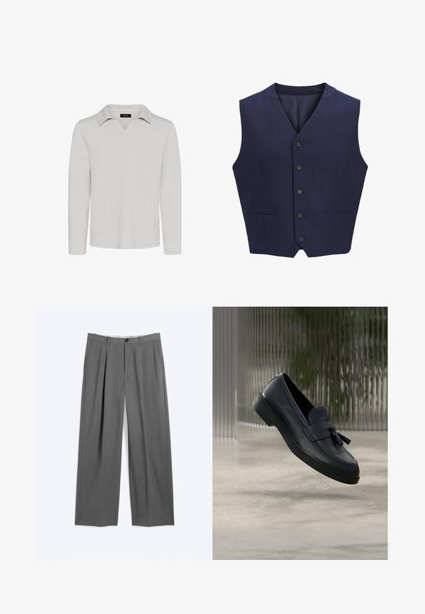 Chaleco azul marino, hecho de tela texturizada, con cuello de muesca, seis botones delanteros y dos bolsillos laterales. Forro interior suave.; Matinique MAV - Polo - lunar rock; Pantalones formales grises con piernas rectas, pliegues delanteros, bolsillos laterales, trabillas para cinturón y cierre frontal con botón y cremallera.; Mocasines de cuero negro con textura suave, punta redondeada y borlas decorativas en el frente. Suela de goma flexible con tacón bajo.