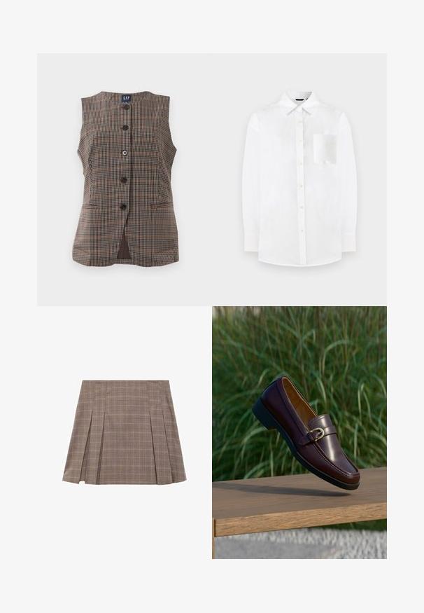 Mouwloos geruit vest met vijf zwarte knopen, twee voorste splitzakken en een ronde halslijn, in bruin en gedempte tinten.; Witte blouse van lichtgewicht stof. Heeft een klassiek kraag, lange mouwen en een enkele borstzak met een gladde textuur.; Bruine geruite plisseerminirok met zijsplitten en een hoge taille, voorzien van een subtiele ruitenpatroon.; Donkerbruine leren loafer met gouden gesp detail, hangend boven een houten bankje, groene grasachtergrond.