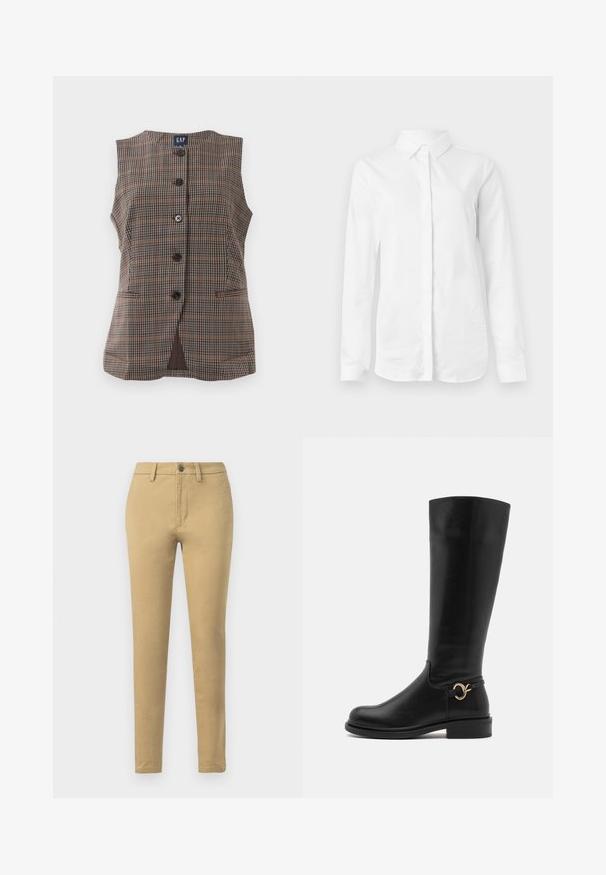 Ærmeløs plaid vest med fem sorte knapper, to forlommer og rund halsudskæring i brune og afdæmpede nuancer.; Hvid langærmet skjorte lavet af glat bomuld. Har en klassisk krave og en knaplukning fortil med en lige kant uden mønstre.; Khaki chinos lavet af en blanding af bomuldsstof, med slim fit, bæltestropper, frontlommer og en enkelt knaplukning.; Anna Field Wide Fit Høje støvler/ Støvler - black