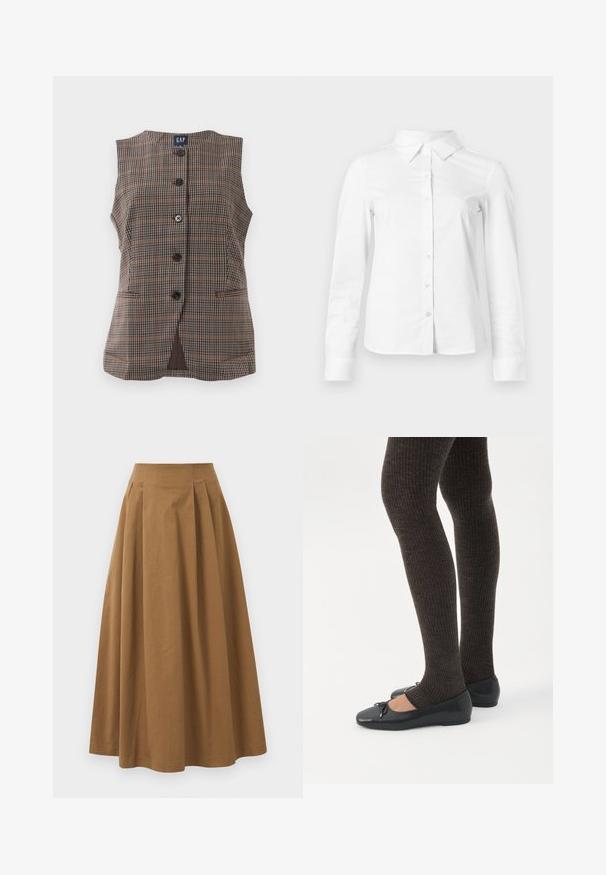 Mouwloos geruit vest met vijf zwarte knopen, twee voorste splitzakken en een ronde halslijn, in bruin en gedempte tinten.; Witte blouse met lange mouwen en knopen, met puntige kraag, rechte zoom en aansluitende silhouet, weergegeven op een effen lichte achtergrond.; Bruine katoen A-lijn rok met een hoge taille, voorzien van plooien aan de voorkant en een gladde textuur. De zoomafwerking is schoon en eenvoudig.; Benen met donkere geribbelde leggings gecombineerd met zwarte ballerina's met kleine strikdetails op een witte achtergrond.