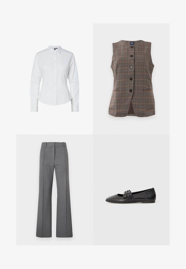 Ærmeløs plaid vest med fem sorte knapper, to forlommer og rund halsudskæring i brune og afdæmpede nuancer.; Hvid skjorte med lange ærmer, spids krave og tætsiddende design. Lavet af glat stof med en let glans.; Grå stribede flared bukser med flad front, bæltesløjfer og glat tekstur. Design i fuld længde med subtile mønsterdetaljer.; Sorte flade sko med spids tå, lavet af glat læder. Har tre dekorative stropper med spænder over vristen.