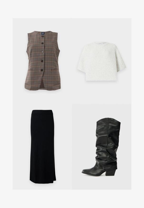 Ærmeløs plaid vest med fem sorte knapper, to forlommer og rund halsudskæring i brune og afdæmpede nuancer.; Hvid strikket sweater med rund hals, korte brede ærmer og et tekstureret mønster. Nederkanten er let cropped og fremhæver et hyggeligt design.; Sort, lang, strikket nederdel med en sideslids. Har en strækbar talje og en glat tekstur. Enkel, tætsiddende design. Ingen synlige mønstre eller detaljer.; Sorte læderknæhøje støvler med et skrånet design, spids tå og chunky hæl, der har en glat overflade og minimal syning.