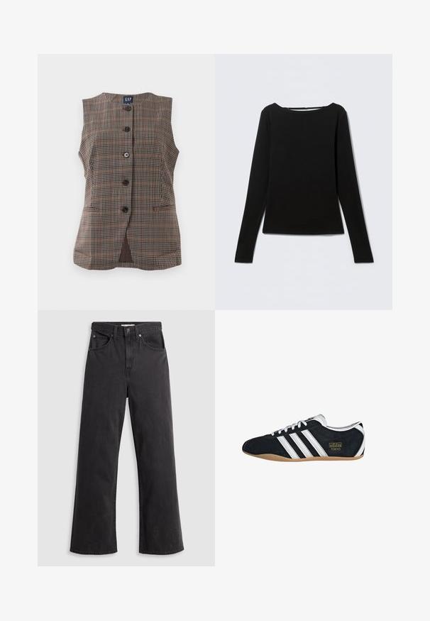 Chaleco sin mangas a cuadros con cinco botones negros, dos bolsillos frontales con apertura, y un cuello redondo, en tonos marrones y apagados.; Top negro de manga larga ajustado con cuello redondo, mostrado plano sobre un fondo gris claro.; Jeans de mezclilla negra de pierna ancha con cintura alta, cinco bolsillos y cierre de botón metálico. La tela tiene una textura suave y ligeramente desvaída.; Zapatillas de ante negro con tres franjas blancas, logotipo dorado y suela de goma marrón. Presentan un diseño de cordones de perfil bajo.