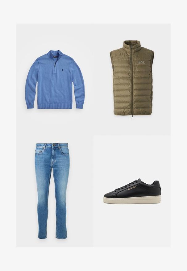 Mouwloos olijfgroen gewatteerd vest met hoge kraag, ritssluiting aan de voorkant en EA7 Emporio Armani-logo op de linkerborst.; Lichtblauwe, gebreide pullover met een hoge kraag, kwart-rits, ribgebreide manchetten en zoom, voorzien van een klein logo op de linkerkant van de borst.; Lichtblauwe denim jeans met een slim fit. Heeft een traditionele vijf-pocketontwerp en subtiele vervaging bij de knieën. Klassieke knoopsluiting.; Zwarte leren sneaker met een gladde afwerking, contrasterende crèmekleurige zool, ronde neus, gouden logo aan de zijkant en zes gaatjes voor veters.