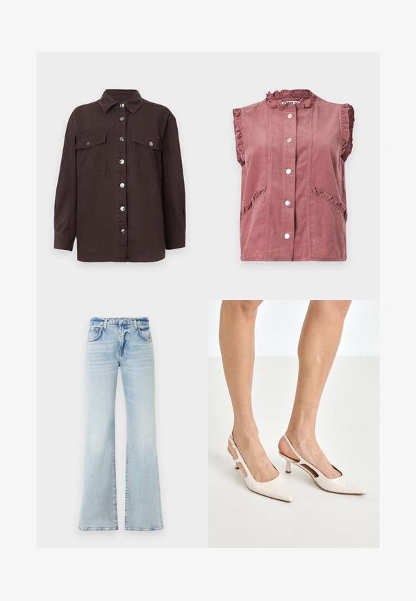 Chaleco sin mangas de pana en tono rosa polvo con bordes con volantes, cierre frontal de botones a presión y bolsillos angulados con ribete de volantes.; Chaqueta de camisa marrón oscuro hecha de algodón, con cuello, cierre frontal de botones, dos bolsillos en el pecho y botones plateados. Mangas largas.; Vaqueros de mezclilla azul claro de corte acampanado con una textura suave, cinco bolsillos y cierre de botón. Presenta un desgaste para un efecto de usado.; Tacones slingback de charol beige con punta afilada y un tacón de 5 cm, con lados recortados y una delgada correa en el tobillo.
