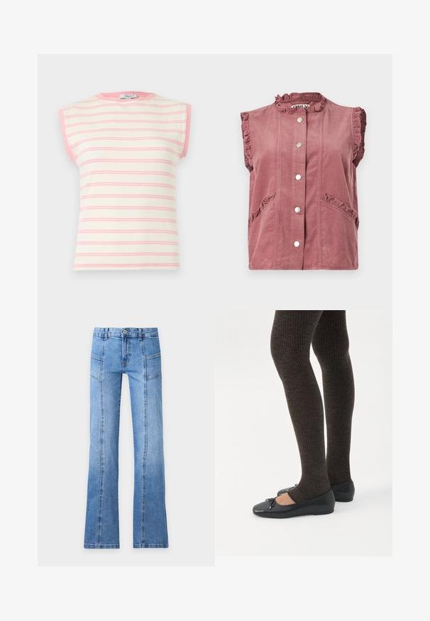 Gilet sans manches en velours côtelé rose poussiéreux avec bords volantés, fermeture à boutons-pression à l'avant et poches à rabat biaisées ornées de volants.; Haut sans manches en maille côtelée rayé crème et rose avec une bordure rose autour du col et des emmanchures.; Jean en denim bleu clair avec taille haute, bouton devant, fermeture éclair, détails de coutures et jambes légèrement évasées sur un fond uni.; Jambes portant des leggings côtelés foncés associés à des ballerines noires avec de petits détails en nœud sur fond blanc.