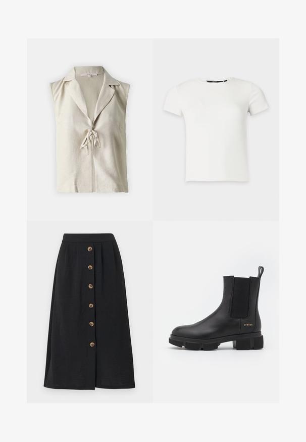Beige mouwloze top van linnen, met een reverskraag, een voorgespsloten strik en een relaxte pasvorm met minimale details.; Wit geribbeld gebreid T-shirt met korte mouwen en een ronde hals, weergegeven op een effen lichtgrijze achtergrond.; Zwarte midi-rok met een gladde textuur, voorzien van zes bronzen knopen aan de voorkant en een taille die wordt geaccentueerd door een brede band.; Zwarte leren enkellaarsjes met elastische zijpanelen en een chunky profielzool. Voorzien van een aantrek lipje en gouden merkteken. Matte afwerking.