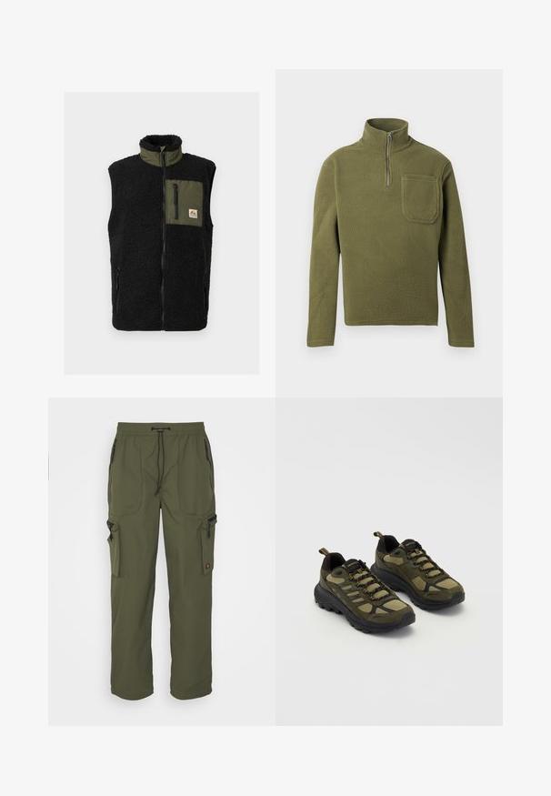 Sort fleecervest med høj krave, grøn brystlomme, sidelommer med lynlås og mærkelogo påsyet. Blød tekstur og ærmeløs design.; Oliven grøn fleece-pullover med halvlukket krave, lange ærmer og en brystlomme. Blød tekstur med et holdbart design.; Oliven grøn cargo bukser lavet af let materiale, med elastisk talje, snorelukning og flere lynlåslommer.; Grønne og sorte atletiske sko med en struktureret overdel, netpaneler, robust sål og snørebåndsdesign med forstærket tå og hæl.