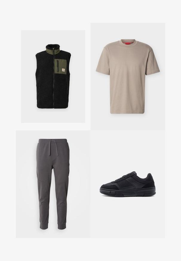 Zwarte fleecevest met hoge kraag, groene borstzak, zijritsen en geborduurd merklogo. Zachte textuur en mouwloos ontwerp.; Beige T-shirt met korte mouwen en een ronde hals, met een subtiel reliëf "HUGO" logo op de borst en een rood label aan de binnenkant van de halslijn.; Grijze joggingsbroek gemaakt van zachte stof met een elastische tailleband, voorzien van zijzakken en een taps toelopend ontwerp aan de enkels.; Zwarte lage sneaker met veters aan de voorkant, getextureerde zijpanelen en dikke rubberen zool, in profiel weergegeven tegen een effen achtergrond.