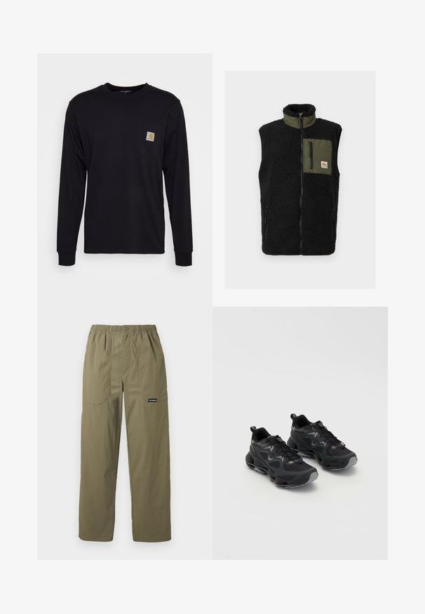 Chaleco de forro polar negro con cuello alto, bolsillo verde en el pecho, cremalleras laterales y parche con logo de la marca. Textura suave y diseño sin mangas.; Camisa negra de manga larga hecha de algodón. Presenta un bolsillo en el pecho con una etiqueta cuadrada gris y un logo naranja. Diseño simple y de color sólido.; Pantalones rectos de color verde oliva con cintura elástica, bolsillos frontales parche, cierre con botón y logo de Columbia en el bolsillo derecho.; Zapatillas deportivas negras con una parte superior de malla texturizada, que cuentan con una suela gruesa, cierre con cordones y sutiles acentos en gris.