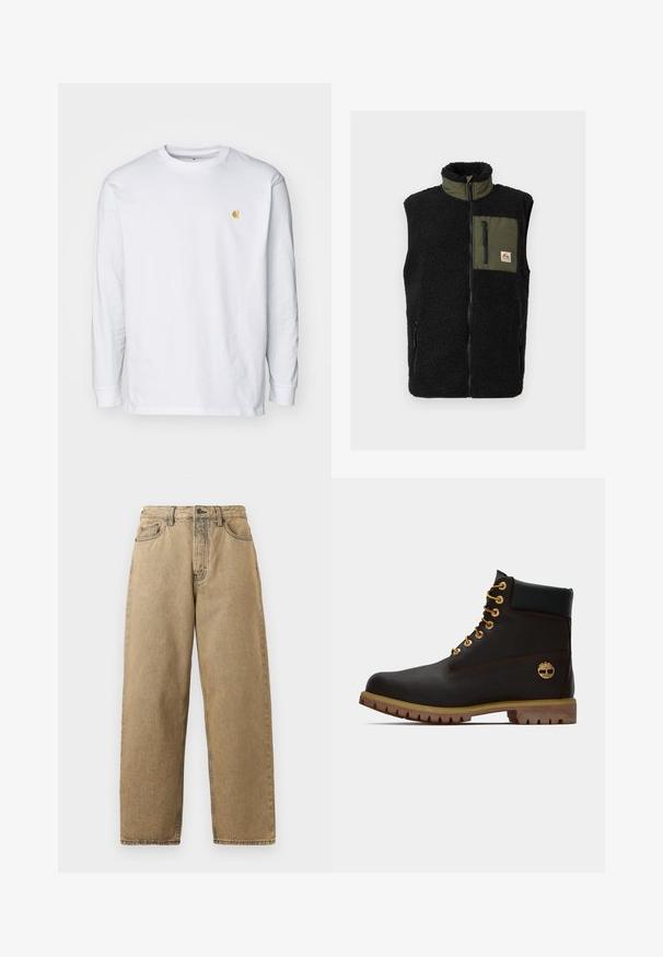 Chaleco de forro polar negro con cuello alto, bolsillo verde en el pecho, cremalleras laterales y parche con logo de la marca. Textura suave y diseño sin mangas.; Camiseta de manga larga blanca de algodón. Cuenta con un pequeño logo dorado en el pecho y un cuello redondo. Diseño simple y corte estándar.; Jeans de mezclilla color beige con un diseño de pierna recta, que cuentan con cierre de cremallera, trabillas para el cinturón y costuras en contraste. Sin patrones destacados ni detalles de herrajes.; Bota de cuero negro de tobillo con ojales dorados, acentos marrones y suela de goma. Presenta un cuello acolchado y un logotipo en relieve en el costado.