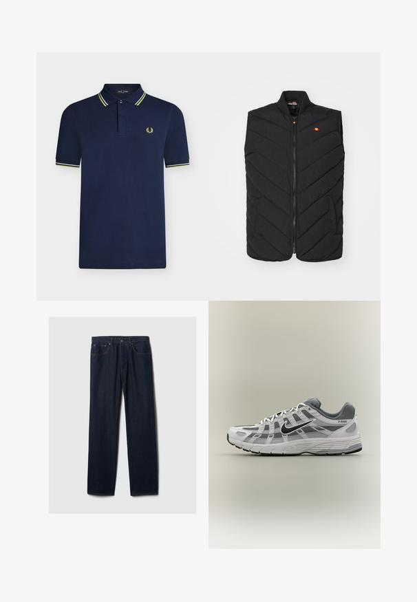 Gilet rembourré noir avec fermeture éclair à l'avant, présentant un motif en chevrons matelassé et un petit logo rouge et jaune sur la poitrine. Deux poches latérales.; Polo bleu marine à manches courtes avec patte à deux boutons, col et poignets rayés, et petit logo laurier jaune sur la poitrine.; Jeans en denim bleu foncé à jambe droite avec un design à cinq poches, fermeture à bouton et couture visible sur un fond clair.; Baskets Nike P-6000 blanches et grises avec swoosh noir, panneaux en maille et semelle texturée, montrées en profil latéral sur fond neutre.