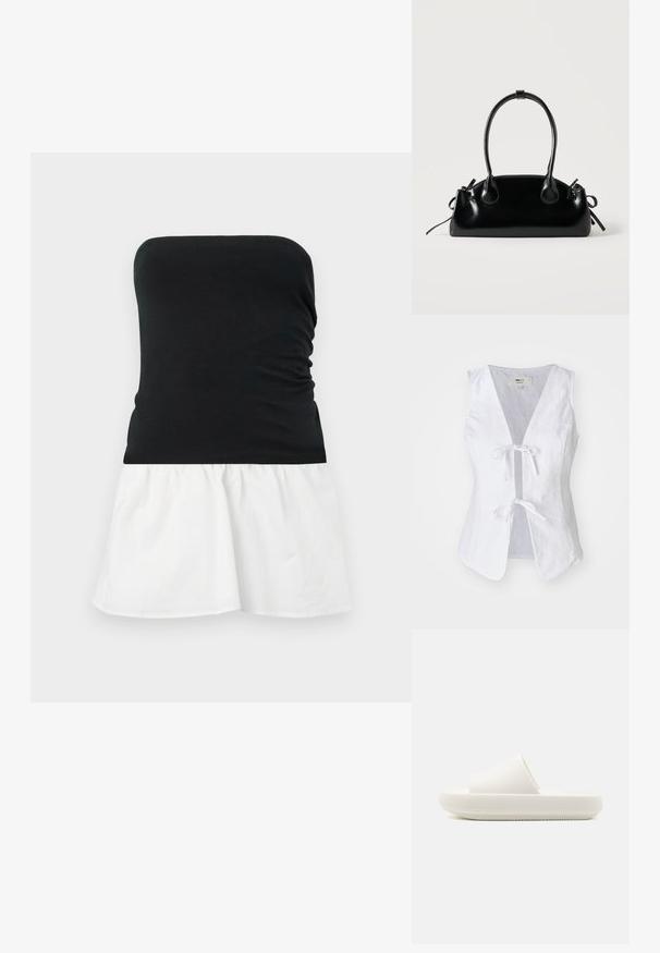 Top sans manches en lin blanc avec un décolleté en V profond, fermeture à nouer à l'avant et texture lisse. Dispose de deux poches avant et d'un ourlet arrondi.; Top noir sans bretelles avec une texture froncée, se poursuivant par une jupe en coton blanc évasée. Design simple bicolore, tissu léger.; Sandale blanche à semelle plate avec une sangle texturée et une semelle ronde et surélevée. Le matériau semble lisse et durable avec un motif subtil.; Petit sac à main noir brillant avec deux longues anses et des détails à cordon sur les côtés sur un fond clair uni.