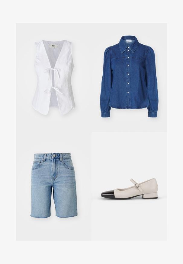 Túnica sin mangas de lino blanco con un profundo escote en V, cierre frontal atado y textura suave. Presenta dos bolsillos frontales y dobladillo redondeado.; Camisa de denim con cuello estructurado, mangas largas abullonadas y botones en la parte delantera. Tejido de color azul oscuro con textura sutil y cintura ajustada.; Pantalones cortos de mezclilla de color azul claro con cintura alta, cinco bolsillos y dobladillo deshilachado. La tela presenta un lavado desvanecido con sutiles variaciones de textura.; Zapato estilo Mary Jane en cuero crema con puntera de charol negro. Presenta una punta redonda, tirante en el tobillo con una hebilla cuadrada y un tacón bajo y cuadrado.