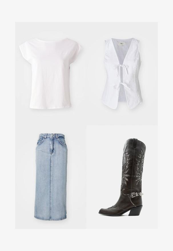 Weißes Leinen-Top ohne Ärmel mit tiefem V-Ausschnitt, gebundenem Frontverschluss und glatter Textur. Verfügt über zwei frontale Taschen und einen abgerundeten Saum.; Weißes T-Shirt mit kurzen Ärmeln aus Baumwolle, mit Rundhalsausschnitt und lockerem Schnitt. Mit dezentem Logo-Akzent auf der Brust.; Hellblauem Denim-Midirock mit tailliertem Bund, vorderer Naht und Seitentaschen; weist eine leicht ausgewaschene Textur auf.; Schwarzer Leder-Cowboystiefel mit dekorativen Ausschnitten, silberner Schnalle und schräger Ferse, auf weißem Hintergrund dargestellt.