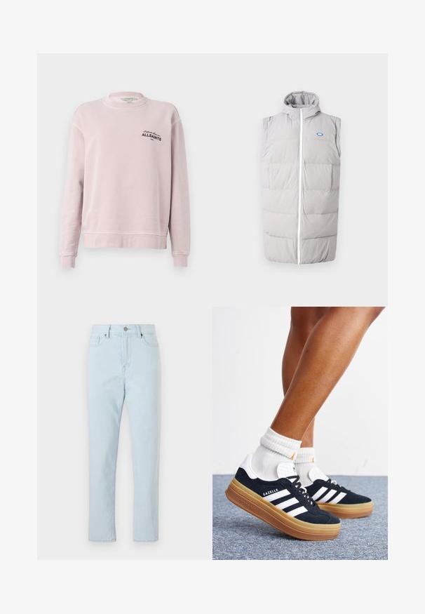 Grå puffervest med lynlås foran, høj krave og ærmeløs design; har to frontlommer og et lille blåt logo.; Lyserød langærmet sweatshirt med rund hals, ribkantede ærmegab og sort tekst "Infinite Summer ALLSAINTS London" på venstre bryst.; Høj talje lys blå lige ben jeans med frontlommer, bæltestropper, knaplukning og synlige syninger ned ad benene.; Ben iført hvide sokker og sorte Adidas Gazelle sneakers med hvide striber og tykke brune såler på et gråt tæppe.
